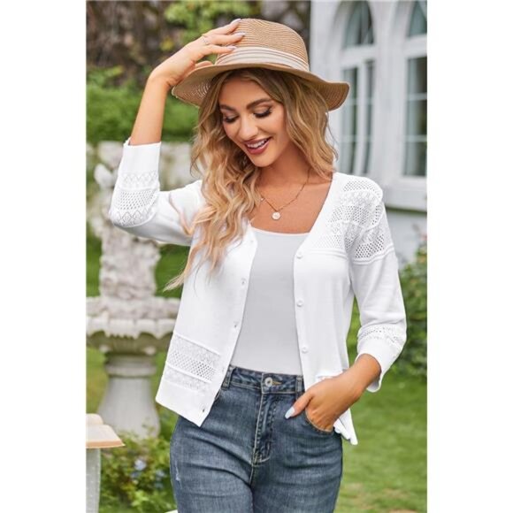 Women's 2024 Cropped Cardigan 3/4 Sleeve Lightweight Crochet Shrug Hollowed - Picture 5 of 6